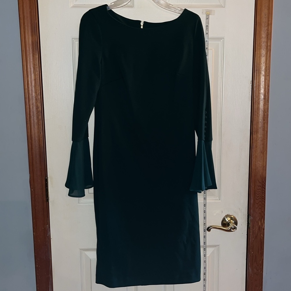 NWT-Calvin Klein-8-green-long sleeve, scuba, crepe, sheath, above the knee,dress
